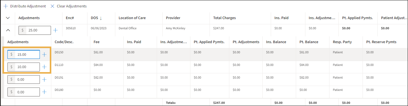 transaction list with yellow highlight box around two procedure lines Adjustment amounts